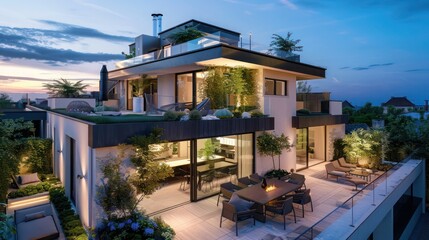 modern townhouse with a sleek design, rooftop terrace, and private garden
