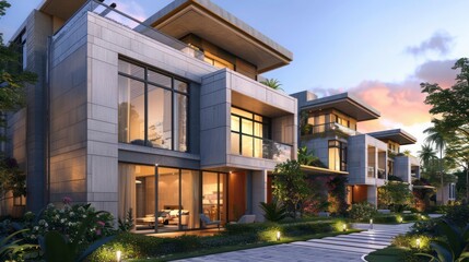 modern townhouse with a sleek design, rooftop terrace, and private garden