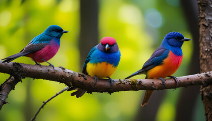 Many colorful birds are sitting in a row on a tree branch in the forest on a blurred background. Generative AI