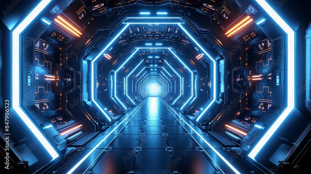 Aufkleber A dark background with futuristic elements and blue lights, with an abstract hexagonal shape in the center of the screen. the walls feature geometric patterns illuminated white light. Generative AI.