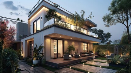 modern townhouse with a sleek design, rooftop terrace, and private garden