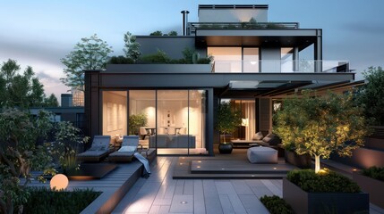 modern townhouse with a sleek design, rooftop terrace, and private garden