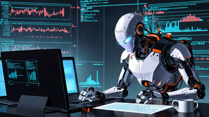 A cybersecurity specialist sits by a panoramic window with a city view, monitoring the security of network connections and databases.