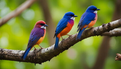 Obraz premium Many colorful birds are sitting in a row on a tree branch in the forest on a blurred background. Generative AI