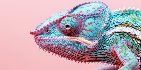 Fototapeta premium Close up chameleon portrait in pastel colors palette on simple colored background with copy space