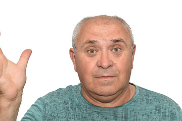 Portrait of a man who is surprised by something, he raised his hand.