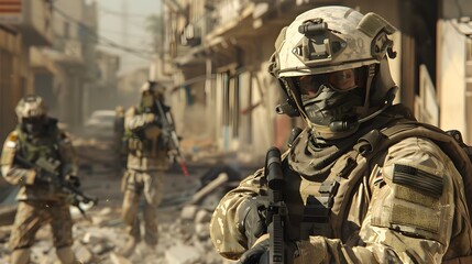 Obraz premium Alert 3D Military Commando Navigates Debris Strewn Dilapidated Metropolis