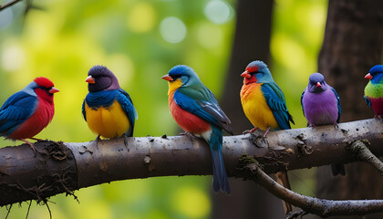 Obraz premium Many colorful birds are sitting in a row on a tree branch in the forest on a blurred background. Generative AI
