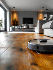 Laminate floor is washed by a white vacuum cleaner robot, close-up, depth of field, blurred image of a room in gray tones on the background