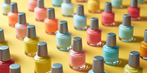 Multicolored nailpolish bottles, pastel colors, minimalist, flatlay, nail polish bottle pattern