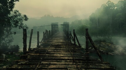 Naklejka premium A long lonely ancient wooden bridge