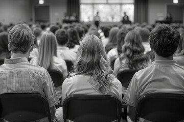 Fototapeta premium Black And White Photo Of Attendees Listening To A Speaker At A Large Event