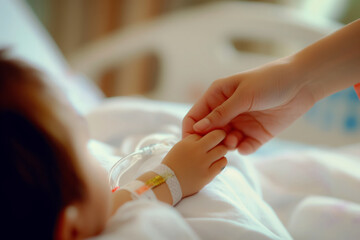 A mother holds the hand of her sick child in the hospital