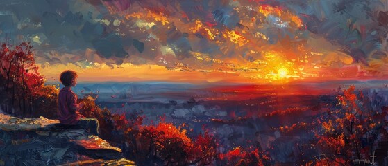Obraz premium Abstract sunset landscape with vibrant colors and a solitary figure