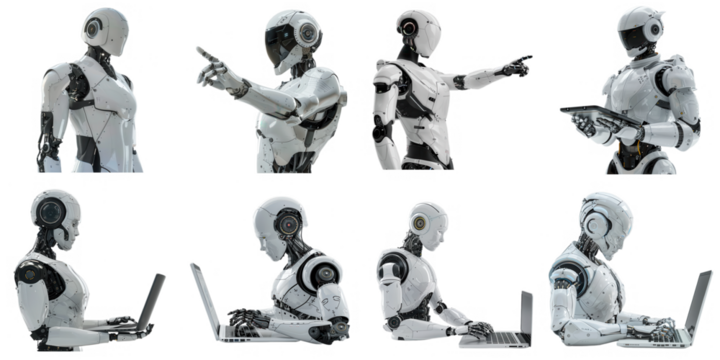 Set of robot AI using laptop png mockup in 3d without background for decoration.