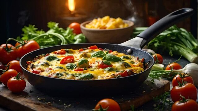 Delicious frittata in a frying pan, Italian traditional food dinner