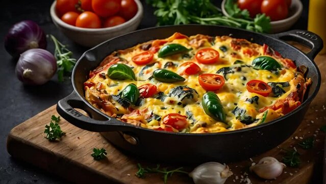 Delicious frittata in a frying pan, Italian traditional food dinner