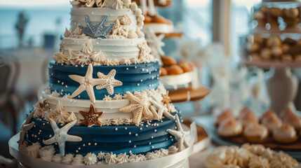 Nautical themed wedding cake with starfish and seashell decorations