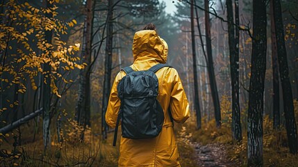 A woman hiking in the forest wears a yellow raincoat with a backpack 