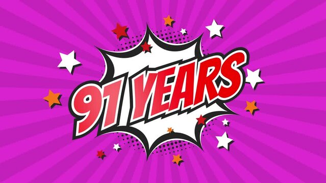 91st ninety-first anniversary - 91 ninety-one years birthday. Animated text on pop colorful background with rotating rays.