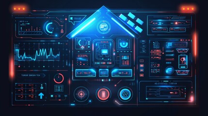 Obraz premium A sleek smart home control panel with interactive touchscreens controlling lighting, temperature, and security.