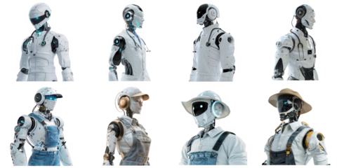 Robot AI farmer and doctor transparent collection in 3d png for presentation.