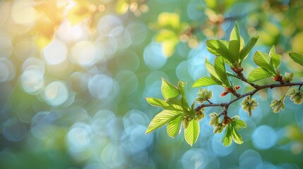 Obraz premium Springtime scene of blurred background with chestnut twigs featuring fresh leaves and buds