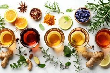 A group of cups of tea sitting on top of a table