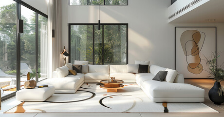 A modern living room with a white sectional sofa, abstract rug, and minimalist decor. Generative AI.
