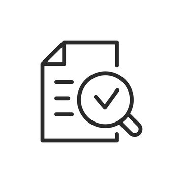 recommend clip art: Document verification, linear style icon. Document with charts and magnifying glass with checkmark. Editable stroke width.