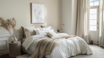 serene bedroom with soft, neutral tones, plush bedding, and minimalist decor promoting relaxation and tranquility
