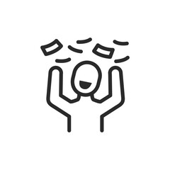 Person in money rain, linear style icon. winning, joy, and wealth. Editable stroke width