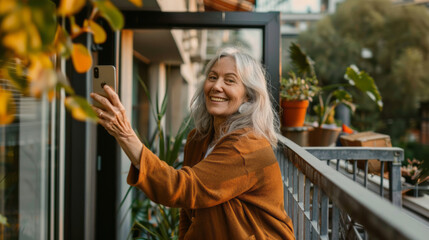 Happy senior woman taking a selfie on her balcony with a smartphone