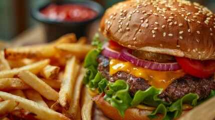 A gourmet cheeseburger loaded with toppings like lettuce, tomato, onion, and pickles, served with fries.