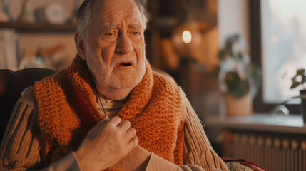 Senior man experiencing heart attack at home in cozy setting