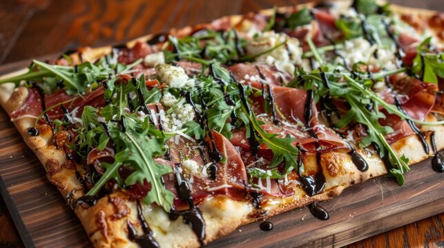 A gourmet flatbread pizza topped with arugula, prosciutto, shaved Parmesan, and balsamic glaze.