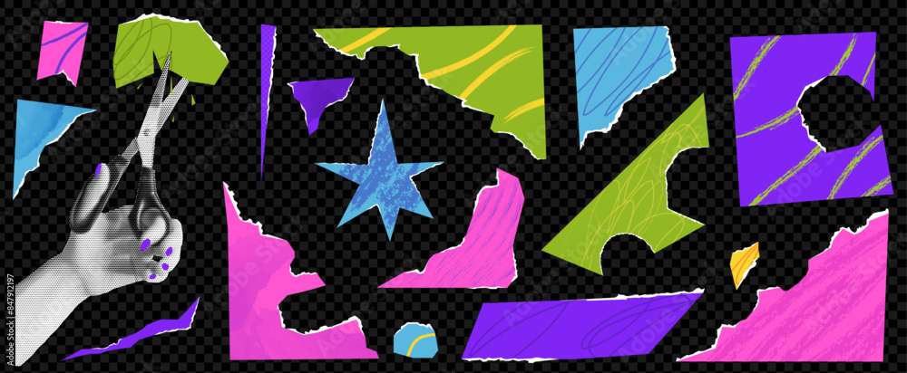 Poster set of paper cutout shapes element with collage hand with the hand holding the scissors. star and fr