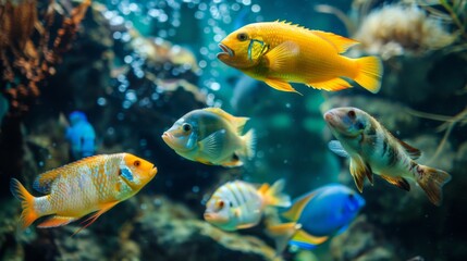 Fototapeta premium A group of colorful fish swimming gracefully in a well-decorated aquarium.