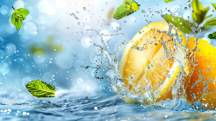 Lemon fruit slice, mint leaves and citrus fruits flying, in water with water splashes. Fresh summer feelings, refreshing in summer