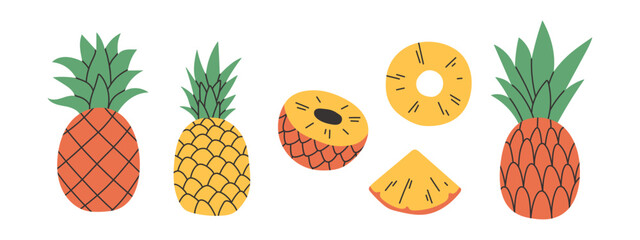 Set of abstract vector pineapple. Simple pineapple. Tropical fruit collection design for interior, poster, banner. 