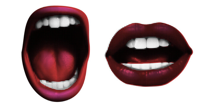 Female mouth in halftone treatment for collage isolated on white background.Sexy lips, vector trendy illustration in dot like pop art.