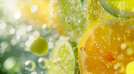 Lemon fruit slice, mint leaves and citrus fruits flying, in water with water splashes. Fresh summer feelings, refreshing in summer