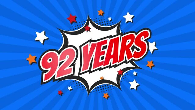 92nd ninety-second anniversary - 92 ninety-two years birthday. Animated text on pop colorful background with rotating rays.