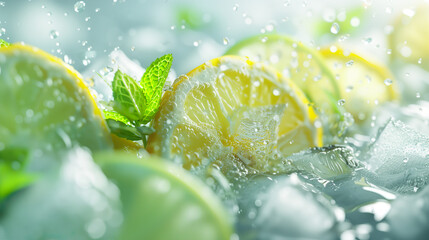 Lemon fruit slice, mint leaves and citrus fruits flying, in water with water splashes. Fresh summer feelings, refreshing in summer