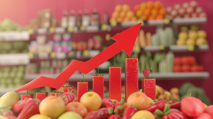 Illustration of rising grocery prices depicted as a financial graph with a 3D rendered arrow, symbolizing an inflation crisis in food costs