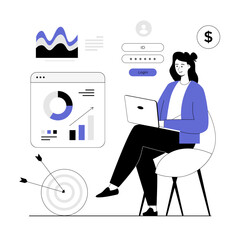 Digital business concept. Woman compares sales performance of company and analyzing statistics. Vector illustration with line people for web design.