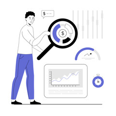 Digital business concept. Man analyze virtual data. Management, planning, strategy development online. Vector illustration with line people for web design.