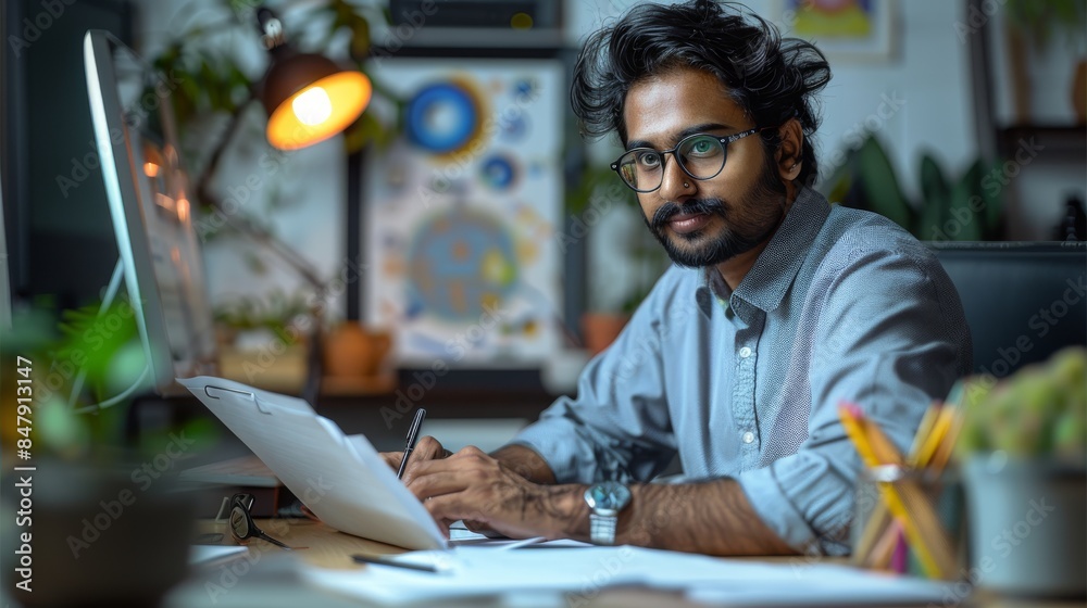 Aufkleber a professional indian handsome graphic designer working on his computer in an office, sitting at his