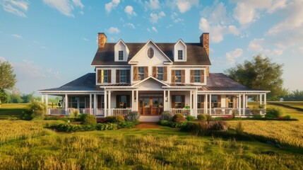 spacious farmhouse with a wrap-around porch, barn-style doors, and sprawling fields