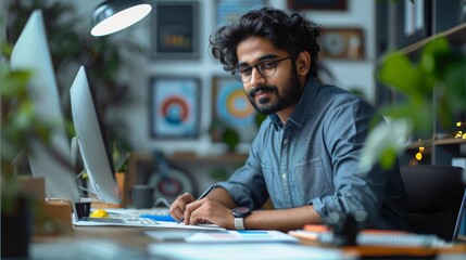 A professional Indian handsome graphic designer working on his computer in an office, sitting at his desk drawing with pen and paper, has a focused expression. Generative AI.